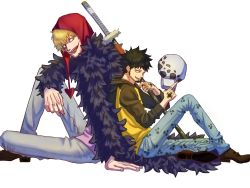 Rule 34 | 2boys, back-to-back, black hair, blonde hair, commentary request, denim, donquixote rocinante, facial hair, from side, full body, goatee, highres, hood, hood down, jaguar print, jeans, knee up, long sideburns, makeup, male focus, multiple boys, one piece, over shoulder, pants, pink shirt, shirt, short hair, sideburns, sword, sword over shoulder, toyoura (23066494), trafalgar law, weapon, weapon over shoulder