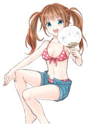 Rule 34 | 1girl, :d, ame8desu, bare arms, bare legs, bare shoulders, bear, blue shorts, breasts, brown hair, cleavage, collarbone, commentary, denim, denim shorts, feet out of frame, full body, green eyes, hand fan, looking at viewer, medium breasts, navel, open clothes, open mouth, open shorts, original, petite, polar bear, polka dot, shorts, simple background, sitting, smile, teeth, twintails, upper teeth only, white background