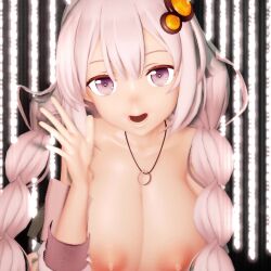 Rule 34 | 1girl, 3d, animated, braid, breasts, collarbone, ears, fingernails, grimoirexorcism, hair between eyes, hair ornament, handjob gesture, highres, implied ejaculation, jerk off instructions, jewelry, kizuna akari, large breasts, light, long sleeves, looking at viewer, mikumikudance (medium), nail polish, necklace, nipples, nose, off shoulder, ok sign, open mouth, pink eyes, pink hair, sexually suggestive, talking, teeth, topless, twin braids, twintails, two-finger handjob, video, vocaloid, yellow nails