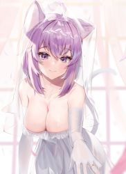 Rule 34 | 1girl, ahoge, animal ear fluff, animal ears, breasts, bridal veil, bride, cat ears, cat girl, cat tail, circlet, cleavage, closed mouth, collarbone, dress, elbow gloves, gloves, highres, hololive, indoors, jewelry, large breasts, leaning forward, light blush, lips, medium hair, nekomata okayu, ornate ring, outstretched hand, pov, purple eyes, purple hair, ring, shadow, smile, solo, strapless, strapless dress, sunlight, tail, tears, veil, virtual youtuber, wedding, wedding dress, wedding ring, white dress, white gloves, window, woogi (duguddnr)