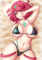 Rule 34 | 1girl, alternate costume, bikini, breasts, chest jewel, gem, hair ornament, headpiece, highres, jewelry, large breasts, nintendo, pyra (xenoblade), red eyes, red hair, sand, sevie, short hair, solo, swept bangs, swimsuit, tiara, xenoblade chronicles (series), xenoblade chronicles 2