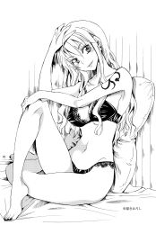 Rule 34 | 1girl, absurdres, barefoot, bed sheet, bra, breasts, cleavage, collarbone, feet, greyscale, groin, hair between eyes, hand on own head, hand on own knee, head tilt, highres, long hair, medium breasts, monochrome, nail polish, nami (one piece), one piece, page number, panties, parted lips, pillow, sitting, smile, solo, toes, underwear, underwear only, yu-ri (kurione-sha)