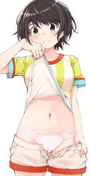 Rule 34 | 1girl, aqua eyes, black hair, blush, breasts, closed mouth, clothes lift, clothes pull, commentary request, green shirt, hololive, k-go, lifted by self, light smile, looking at viewer, medium breasts, navel, oozora subaru, oozora subaru (1st costume), panties, pulled by self, shirt, shirt lift, short hair, short sleeves, shorts, shorts pull, simple background, solo, split mouth, striped clothes, striped shirt, t-shirt, two-tone shirt, underwear, vertical-striped clothes, vertical-striped shirt, virtual youtuber, white background, white panties, white shirt, white shorts