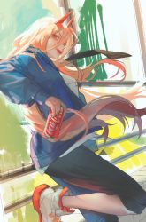 Rule 34 | 1girl, black necktie, black pants, blue jacket, can, chainsaw man, coca-cola, demon girl, foot out of frame, hair between eyes, holding, holding can, horns, jacket, jnkku, long hair, necktie, orange hair, outline, pants, pants rolled up, power (chainsaw man), red horns, red outline, shirt, shoes, sneakers, solo, tongue, tongue out, white shirt