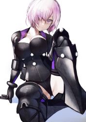 Rule 34 | 1girl, armor, breasts, crotch, fate/grand order, fate (series), glasses, hatahata p (taritari1648), highres, looking at viewer, mash kyrielight, mash kyrielight (ortenaus), pink hair, purple eyes, short hair, simple background, solo, white background