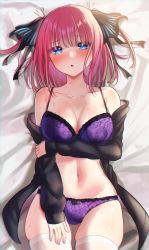 Rule 34 | 1girl, :o, absurdres, arm under breasts, bare shoulders, bed sheet, black bow, black shirt, blue eyes, blunt bangs, blush, bow, bow bra, bow panties, bra, breasts, butterfly hair ornament, cleavage, collarbone, from above, gluteal fold, go-toubun no hanayome, hair ornament, highres, kurosaki coco, large breasts, long sleeves, lying, nakano nino, navel, off shoulder, on back, on bed, open clothes, open shirt, panties, parted lips, pink hair, purple bra, purple panties, shirt, short hair, skindentation, solo, stomach, thighhighs, two side up, underwear, white thighhighs