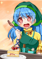 Rule 34 | + +, 1girl, apron, arm ribbon, arm up, blue hair, cake, commentary request, daisy, dress, eyes visible through hair, flower, food, fork, fruit, gradient background, green hood, hair between eyes, haniyasushin keiki, head tilt, high collar, highres, holding, holding fork, hood, jewelry, long hair, magatama, magatama necklace, necklace, open mouth, orange background, plate, puffy short sleeves, puffy sleeves, pun, red eyes, ribbon, short sleeves, shortcake, solo, sparkle, strawberry, sugiyama ichirou, tools, touhou, upper body, very long hair, yellow dress