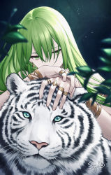 Rule 34 | 1girl, branch, covering own mouth, earrings, enkidu (fate), fate/grand order, fate (series), green eyes, green hair, highres, jewelry, leaf, long hair, looking at viewer, outdoors, ring, siya ho, solo, tiger, upper body, white tiger