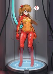 Rule 34 | 1girl, ?, absurdres, blue eyes, breast expansion, breasts, brown hair, cable, female focus, full body, highres, long hair, navel, neon genesis evangelion, plugsuit, shiny clothes, skin tight, small breasts, solo, souryuu asuka langley, spoken question mark, standing, toy (wanju), tube