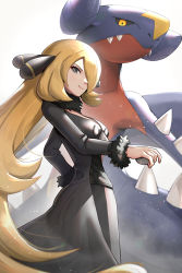 Rule 34 | 1girl, absurdres, black coat, black pants, black shirt, blonde hair, breasts, closed mouth, coat, commentary request, creatures (company), cynthia (pokemon), from side, fur-trimmed coat, fur collar, fur trim, game freak, garchomp, gen 4 pokemon, gonzarez, hair ornament, hair over one eye, highres, holding, holding poke ball, jacket, long hair, nintendo, pants, poke ball, pokemon, pokemon (creature), pokemon dppt, revision, shirt, simple background, smile, very long hair, white background