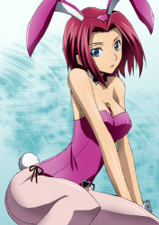 Rule 34 | 00s, 1girl, animal ears, arched back, bare shoulders, between breasts, blue eyes, bow, bowtie, breasts, cleavage, code geass, fake animal ears, heart, kouzuki kallen, large breasts, leotard, looking at viewer, lowres, midori (searchlight), pantyhose, pink pantyhose, playboy bunny, rabbit ears, rabbit tail, red hair, short hair, sitting, solo, tail, wrist cuffs
