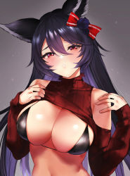 Rule 34 | 1girl, absurdres, alternate costume, animal ears, bikini, black bikini, black hair, blush, bow, breasts, cleavage, clothing cutout, erune, granblue fantasy, hair bow, highres, large breasts, long hair, long sleeves, looking at viewer, navel, nier (granblue fantasy), open mouth, red eyes, remora180, shoulder cutout, shrug (clothing), solo, swimsuit