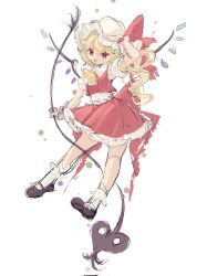 Rule 34 | 1girl, 80isiiii, :d, arm up, blonde hair, flandre scarlet, full body, hat, highres, holding, holding weapon, laevatein (touhou), looking at viewer, mob cap, open mouth, puffy short sleeves, puffy sleeves, red eyes, red skirt, shoes, short sleeves, simple background, sketch, skirt, skirt set, smile, socks, solo, touhou, v-shaped eyebrows, vest, weapon, white background, wings