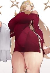 Rule 34 | 1girl, absurdres, blonde hair, breasts, barghest (fate), fate/grand order, fate (series), green eyes, highres, horns, large breasts, long hair, long sleeves, simple background, solo, thighs, white background, yoshio (55level)