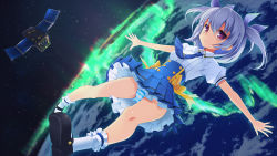 Rule 34 | 1girl, expressionless, floating, frilled socks, frills, hair ribbon, hayabusa (spacecraft), layered skirt, looking at viewer, mary janes, necktie, original, outstretched arms, panties, planet, pleated skirt, red eyes, ribbon, satellite, shoes, short sleeves, silver hair, skirt, socks, solo, striped clothes, striped panties, twintails, underwear, wapokichi