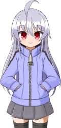 Rule 34 | 100 percent orange juice, 1girl, ahoge, black thighhighs, blush, closed mouth, commentary request, cowboy shot, grey skirt, hair between eyes, hands in pockets, hono, jacket, long hair, long sleeves, looking at viewer, official art, pleated skirt, purple jacket, red eyes, silver hair, simple background, skirt, smile, solo, suguri, suguri (orange juice), thighhighs, very long hair, white background, zipper pull tab