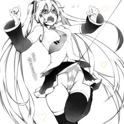 Rule 34 | 1girl, armpits, arms up, bad id, bad pixiv id, blush, boots, detached sleeves, frontal wedgie, groin, hatsune miku, headset, hook, long hair, monochrome, navel, necktie, neziiro, open mouth, panties, pantyshot, skirt, solo, striped clothes, striped panties, tears, thigh boots, thighhighs, twintails, underwear, upskirt, very long hair, vocaloid, wedgie