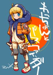 Rule 34 | 1girl, alternate hairstyle, animification, apex legends, blue background, blue bodysuit, blue eyes, blue gloves, blush, bodysuit, cable, cowlick, facial scar, gloves, hood, hooded jacket, jacket, looking at viewer, makaron, orange jacket, ribbed bodysuit, scar, scar on cheek, scar on face, solo, wattson (apex legends), white bodysuit
