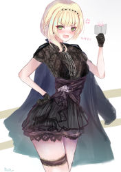 Rule 34 | 1girl, absurdres, annoyed, artist name, black dress, black gloves, blonde hair, blush, braid, dress, girls&#039; frontline, gloves, green eyes, hair between eyes, hairband, hand on own hip, highres, looking at viewer, martinreaction, medium hair, note, open mouth, solo, welrod mkii (girls&#039; frontline), white background