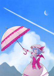 Rule 34 | 1girl, asameshi, back bow, bat wings, blue hair, bow, cloud, commentary, cowboy shot, from side, grin, hat, hat ribbon, highres, holding, holding umbrella, mob cap, moon, mountainous horizon, outdoors, outstretched arm, pink hat, pink shirt, pink skirt, pink umbrella, pointy ears, red bow, red eyes, red ribbon, remilia scarlet, ribbon, shirt, short hair, skirt, smile, solo, touhou, umbrella, wings, wrist cuffs