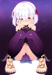 Rule 34 | 1girl, ass, bare shoulders, blush, closed mouth, detached collar, detached sleeves, dress, fate/grand order, fate (series), feet, hair between eyes, hair ribbon, highres, jewelry, kama (fate), kama (first ascension) (fate), knees up, legs, looking at viewer, pelvic curtain, purple dress, purple thighhighs, red eyes, ribbon, ring, sandals, short hair, silver hair, sitting, smile, solo, thighhighs, thighs, toes, zamudelin