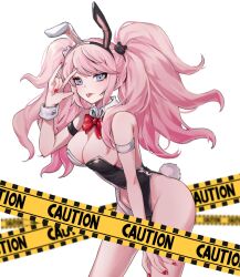 Rule 34 | 1girl, animal ears, bare shoulders, blonde hair, bow, bowtie, breasts, caution, closed mouth, clothing cutout, danganronpa: trigger happy havoc, danganronpa (series), detached sleeves, enoshima junko, fake animal ears, fake tail, groin, hand up, highres, hy (fjvlg), large breasts, leaning forward, leotard, navel cutout, official alternate costume, playboy bunny, rabbit ears, rabbit tail, red bow, red bowtie, red nails, solo, tail, twintails