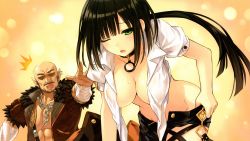 Rule 34 | 1boy, 1girl, absurdres, bahas, bald, bandages, black hair, black shorts, blush, breasts, chain, cleavage, clothes pull, collar, collarbone, dress shirt, earrings, fairy fencer f, game cg, green eyes, groin, harler, highres, jewelry, long hair, medium breasts, no bra, no panties, one eye closed, open clothes, open mouth, open shirt, open shorts, outstretched arm, pointy ears, ponytail, shirt, short shorts, short sleeves, shorts, shorts pull, sunglasses, tsunako