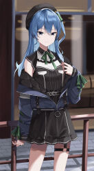 Rule 34 | 1girl, beret, black hat, black shirt, black skirt, blue hair, blue jacket, blurry, blurry background, bow, closed mouth, commentary request, day, depth of field, green bow, grey eyes, hair between eyes, hand up, hat, highres, hololive, hoshimachi suisei, hoshimachi suisei (streetwear), jacket, long hair, long sleeves, looking at viewer, off shoulder, one side up, open clothes, open jacket, outdoors, puffy long sleeves, puffy sleeves, railing, shirt, skirt, sleeves past wrists, smile, solo, virtual youtuber, yuzu-aki