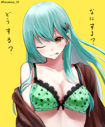 Rule 34 | 10s, 1girl, ;p, absurdres, aqua hair, bad id, bad pixiv id, blush, bra, breasts, cleavage, closed mouth, collarbone, eyelashes, green bra, hair ornament, hairclip, harukana (harukana 10), highres, kantai collection, lace, lace-trimmed bra, lace trim, long hair, looking at viewer, medium breasts, off shoulder, one eye closed, open clothes, polka dot, polka dot bra, simple background, sketch, solo, suzuya (kancolle), tongue, tongue out, translated, twitter username, underwear, upper body, yellow background, yellow eyes