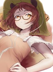 Rule 34 | 1girl, animal ears, beizi, brown eyes, brown hair, brown shirt, closed mouth, flat chest, futatsuiwa mamizou, glasses, hand on own hip, leaf, leaf on head, raccoon ears, raccoon girl, raccoon tail, shirt, short hair, short sleeves, smile, solo, tail, touhou, white background