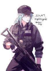 Rule 34 | 1girl, assault rifle, baseball cap, black gloves, black hat, black pants, black shirt, blue hair, closed mouth, collared shirt, commentary request, cowboy shot, dog 9uk, expressionless, gloves, goggles, gun, hair ornament, hairclip, hat, highres, holding, holding gun, holding weapon, korean commentary, load bearing vest, long hair, nightingale (path to nowhere), pants, path to nowhere, rifle, shirt, simple background, sleeves rolled up, solo, tactical clothes, weapon, weapon request, white background