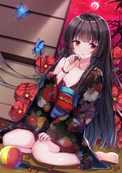 Rule 34 | 1girl, ball, barefoot, black hair, bracelet, bug, butterfly, cherry, dutch angle, enma ai, feet, flat chest, floral print, flower, food, fruit, full body, hand on own knee, hand up, hime cut, holding, bug, japanese clothes, jewelry, jigoku shoujo, kimono, long hair, looking at viewer, obi, obidome, obijime, off shoulder, painting (object), poppy (flower), red eyes, sash, shanguier, sitting, solo, sweat, toes, wall, wide sleeves, yokozuwari