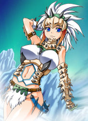 Rule 34 | 1girl, armor, barioth (armor), blue eyes, breasts, capcom, large breasts, midriff, monster hunter (series), monster hunter portable 3rd, smile, solo, white hair, yonecchi