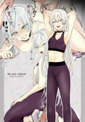 Rule 34 | 2boys, all fours, anal, armpits, arms behind head, arms up, bar censor, blurry, blurry background, blush, bulge, censored, choker, clenched teeth, condom, crossdressing, cutiendirty, from behind, grey background, grey eyes, grey hair, hair between eyes, highres, leggings, long hair, looking back, male focus, male penetrated, multiple boys, multiple views, navel, nipples, no shoes, nude, open mouth, original, paid reward available, penis, purple choker, purple leggings, sex, sex from behind, smug, socks, sound effects, teeth, toned, toned male, trap, upper teeth only, used condom, very long hair, white socks, yaoi