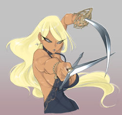 Rule 34 | 1girl, ari laharis, black lips, black sclera, blonde hair, breasts, cleavage, collar, colored sclera, crybringer, dagger, dark-skinned female, dark skin, demon mages, dual wielding, fighting stance, holding, knife, large breasts, lipstick, makeup, mole, mole under mouth, no bra, rapier, snake hair, solo, sword, weapon