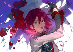 Rule 34 | 1boy, absurdres, blue background, blue eyes, bouquet, bow, ensemble stars!, flower, glasses, green bow, grey jacket, highres, holding, holding bouquet, holding flower, jacket, long sleeves, male focus, multicolored background, open mouth, petals, pink hair, red flower, red rose, rose, rose petals, saegusa ibara, short hair, smile, solo, teeth, white background, yhsg