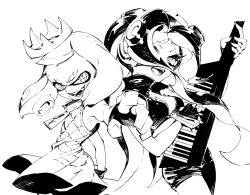 2girls blunt_bangs cephalopod_eyes crop_top crown dress fangs fingerless_gloves gloves greyscale holding holding_instrument inkling instrument keytar long_hair marina_(splatoon) medium_hair monochrome multiple_girls music nintendo octoling open_mouth pearl_(splatoon) playing_instrument pointing pointing_at_viewer shirt short_dress short_shorts shorts sleeveless sleeveless_dress sleeveless_shirt smile smirk splatoon_(series) splatoon_2 suction_cups tentacle_hair unzipped very_long_hair wadanaka zipper_pull_tab