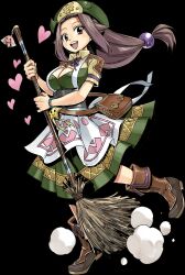 Rule 34 | 1girl, apron, bag, boots, breasts, broom, brown bag, brown eyes, brown footwear, brown hair, cleavage, dress, full body, gate of nightmares, green dress, green hat, hat, heart, highres, holding, holding broom, large breasts, long hair, looking at viewer, mashima hiro, official art, olivia (gate of nightmares), open mouth, school bag, simple background, solo, teeth, transparent background, upper teeth only, white apron