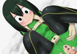 Rule 34 | 10s, 1boy, 1girl, :&gt;, asui tsuyu, bar censor, beige gloves, black eyes, black thighhighs, blush, bodysuit, boku no hero academia, breasts, censored, clitoris, closed mouth, cum, cum in pussy, erection, green hair, hair between eyes, hetero, leg lift, looking at another, lying, male pubic hair, medium breasts, meronshiroppu, missionary, on back, penis, pointless censoring, pubic hair, pussy, sex, solo focus, thighhighs, torn bodysuit, torn clothes, vaginal
