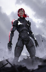 Rule 34 | 1girl, aleksandra skiba, armor, black gloves, blood, blood from mouth, blood on face, blood on leg, breasts, commander shepard, commander shepard (female), commentary, english commentary, floating hair, gloves, green eyes, gun, highres, holding, holding gun, holding weapon, looking up, m-6 carnifex, mass effect (series), mass effect 3, medium breasts, medium hair, n7 armor, open hand, parted lips, power armor, red hair, ruins, solo, weapon