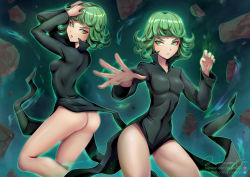 Rule 34 | 1girl, ass, aura, black dress, breasts, covered navel, curly hair, dress, floating rock, green eyes, green hair, highres, jammeryx, no panties, one-punch man, parted lips, rock, serious, signature, small breasts, solo, tatsumaki, telekinesis, watermark, web address