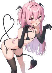 Rule 34 | 1girl, absurdres, ahoge, bikini, black bikini, black choker, black gloves, black tail, black thighhighs, black wings, choker, claw pose, commentary request, demon tail, elbow gloves, fang, feet out of frame, flat chest, gloves, hair between eyes, head wings, heart, heart tail, highres, leaning forward, long hair, looking at viewer, navel, o-ring, o-ring thigh strap, okiq, open mouth, original, pink eyes, pink hair, pointy ears, side-tie bikini bottom, simple background, single thighhigh, solo, sweatdrop, swimsuit, tail, thigh strap, thighhighs, two side up, white background, wings