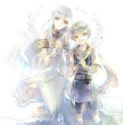 Rule 34 | 1boy, 1girl, brother and sister, circlet, closed mouth, dress, fire emblem, fire emblem: the blazing blade, green hair, grin, head tilt, holding, kuzumosu, long dress, long hair, looking at viewer, nils (fire emblem), ninian (fire emblem), nintendo, red eyes, short hair, short sleeves, shorts, siblings, silver hair, sleeveless, sleeveless dress, smile, standing, very long hair, white background, white dress