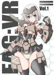 Rule 34 | 10s, 1girl, armor, bare shoulders, black gloves, black thighhighs, blonde hair, blush, breasts, commentary request, cowboy shot, elbow gloves, frame arms girl, gloves, gluteal fold, gourai, gourai (frame arms girl), green eyes, headgear, looking at viewer, mecha musume, medium breasts, microskirt, nanairo souga, open mouth, panties, short hair, skirt, solo, striped clothes, striped panties, text background, text focus, thighhighs, underboob, underwear