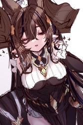 Rule 34 | 1girl, animal ears, asymmetrical hair, breasts, brown eyes, brown hair, closed eyes, detached sleeves, extra ears, frilled sleeves, frills, galleon (granblue fantasy), gloves, granblue fantasy, highres, horns, large breasts, long hair, multicolored hair, one eye closed, pointy ears, sketch, solo, streaked hair, very long hair, white gloves, yoake