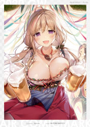 Rule 34 | 1girl, :d, alcohol, apron, artist name, barmaid, beer, beer mug, blue apron, blush, breasts, cleavage, collarbone, cowboy shot, cup, dirndl, dress, eyes visible through hair, foam, german clothes, hair between eyes, hair ribbon, heart, heart necklace, highres, holding, holding cup, jewelry, karory, large breasts, light brown hair, long hair, looking at viewer, low twintails, mug, necklace, non-web source, open mouth, original, purple eyes, ribbon, smile, solo, twintails, waitress