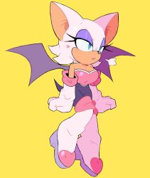 Rule 34 | 1girl, absurdres, anger vein, animal nose, annoyed, bat girl, bat wings, boots, breasts, cleavage, closed mouth, elbow gloves, floating, furry, furry female, gloves, green eyes, high heel boots, high heels, highres, large breasts, rouge the bat, simple background, solo, sonic (series), stellarspin, white footwear, white gloves, wings, yellow background