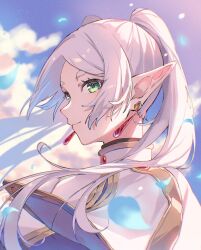 Rule 34 | 1girl, absurdres, capelet, closed mouth, cloud, earrings, frieren, green eyes, highres, jewelry, light smile, long hair, pointy ears, rinzawa, smile, solo, sousou no frieren, white hair