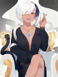 Rule 34 | 1girl, :p, black dress, black hair, breasts, chair, cleavage, dark-skinned female, dark skin, dress, gold necklace, highres, jewelry, large breasts, looking at viewer, mizumi zumi, multicolored hair, nail polish, necklace, original, piercing, ring, sitting, slit pupils, snake, solo, streaked hair, tongue, tongue out, tongue piercing, white hair, yellow eyes