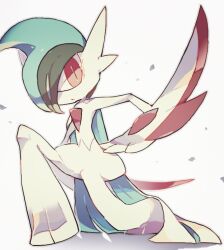Rule 34 | 1boy, akadako, arm blade, bags under eyes, blue cape, blue hair, cape, closed mouth, colored skin, creatures (company), gallade, game freak, gen 4 pokemon, green hair, grey background, grey outline, hair over one eye, looking at viewer, male focus, mega gallade, mega pokemon, mohawk, multicolored hair, nintendo, on one knee, one-hour drawing challenge, one eye covered, pokemon, pokemon (creature), red eyes, short hair, simple background, slit pupils, solo, two-sided cape, two-sided fabric, two-tone hair, weapon, white skin